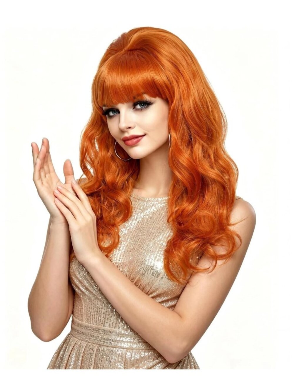 Women's Orange Heat Resistant Synthetic Fiber Retro Long Wavy Wigs Bangs